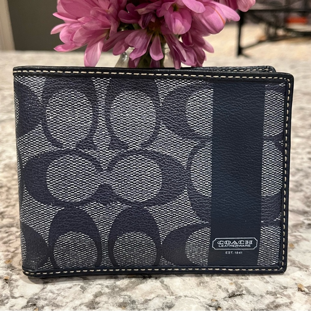 Coach Men's Signature Canvas Bifold Wallet in Navy and Gray